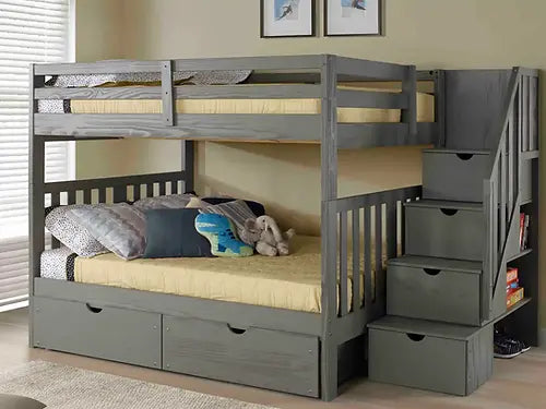 Room View Gray Oxford Bunk Bed with Staircase and Under Bed Chests